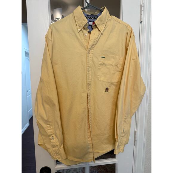 Vtg 90s Tommy Hilfiger Crest Button Down Shirt Yellow Old Tag Flag Logo medium - Picture 1 of 7